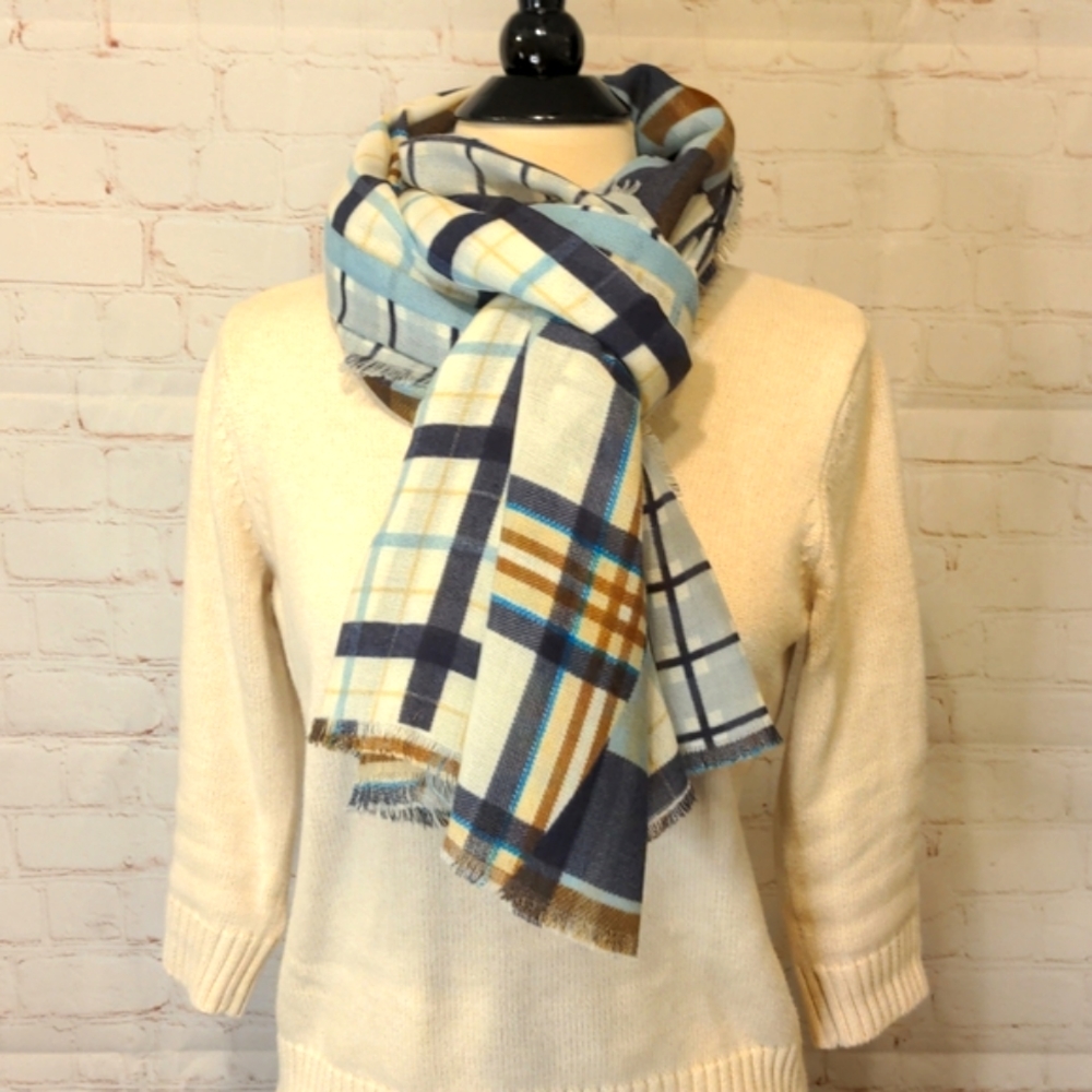 🌞🌞Plaid Wrap Scarf Blue's Cream Brown Large Size Lightweight Scarf